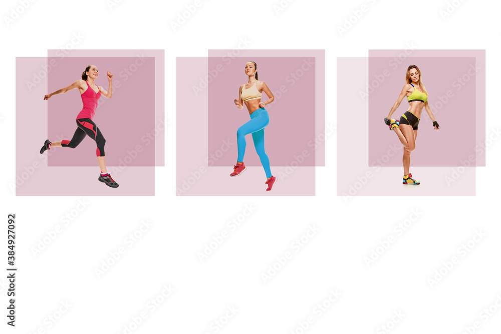 the concept of actions that can be performed together with fences for physical distance during fitness classes. collage the concept of actions that can be performed together with fences for physical distance during fitness classes. collage