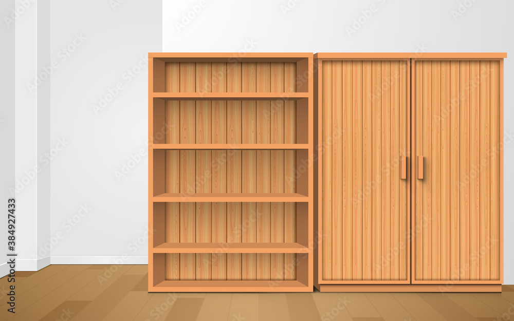 wooden wardrobe and wooden showcase in the white room