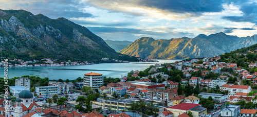View of Kotor town and the Bay of Kotor from the stairs leading to St John’s Fortress (Sveti Ivan) or as the locals call it San Giovanni Fortress which is located on top of the Kotor Old Town 