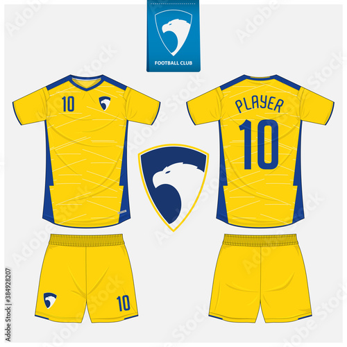 Soccer jersey or football kit mockup template design for sport club. Football t-shirt sport, shorts mockup. Soccer uniform in front view, back view. Eagle logo in flat design.
