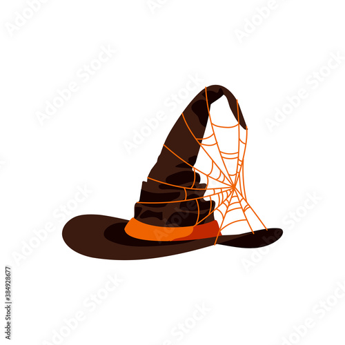 Black witch hat decorated with spiderweb. Halloween costume design element, wizard pointed cap. Happy Halloween concept cartoon vector illustration