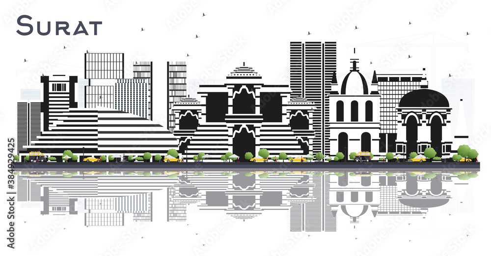 Surat India City Skyline with Color Buildings and Reflections Isolated on White.