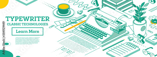 Isometric Vintage Typewriter. Writer Editor Journalist or Copywriter Workspace.
