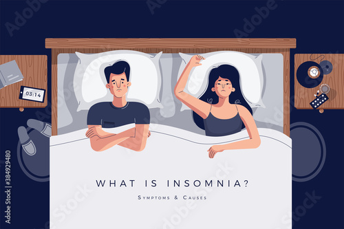 Insomnia vector illustration with a couple lying in bed together. Relationship problem or sleep disorder concept. Unhappy man and woman characters in night bedroom. Space for text. Flat cartoon style