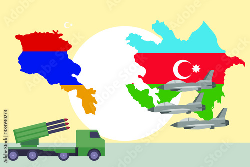 War concept: Missile vehicle and fighter jets with Armenia and Azerbaijan flag background