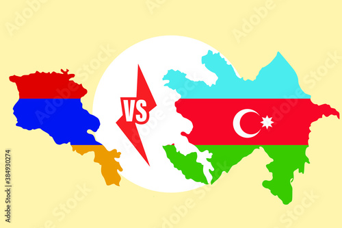 War vector concept: Armenia country flag shaped map versus Azerbaijan country flag shaped map