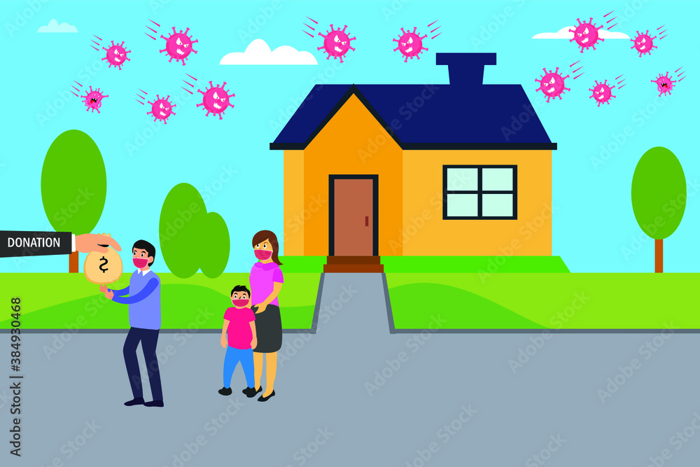 Donation vector concept: Family in face mask receiving donation with house and coronavirus background Donation vector concept: Family in face mask receiving donation with house and coronavirus background