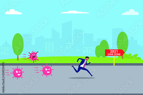 Safe Zone vector concept: Businessman chased by coronavirus and running to safe zone with number 2021