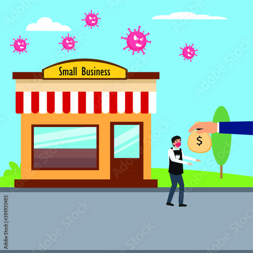 Stimulus vector concept: Hands giving money to businessman with small business store and coronavirus background