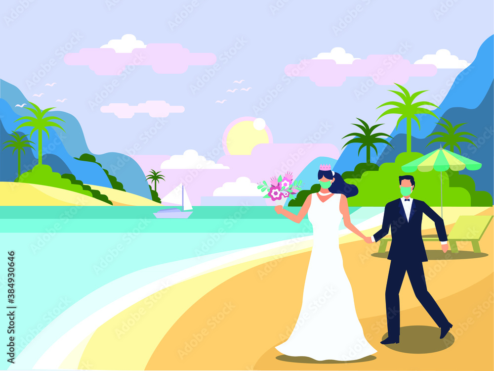 Wedding in New Normal vector concept: Bridegroom wearing face mask and walking on empty beach during new normal after coronavirus outbreak