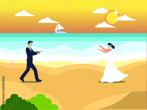 Wedding in New Normal vector concept  Bridegroom running to each other while wearing face mask on the beach during new normal after coronavirus outbreak