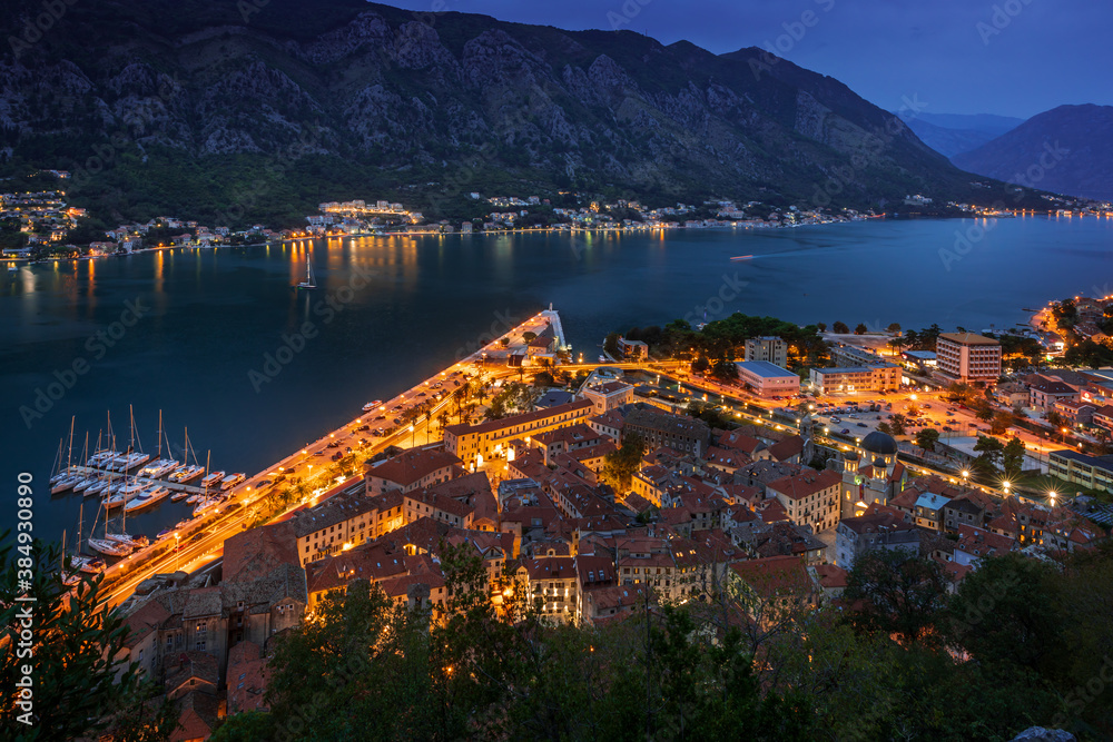 Night view to Old Town Kotor from the ladder to the fortress, Montenegro.