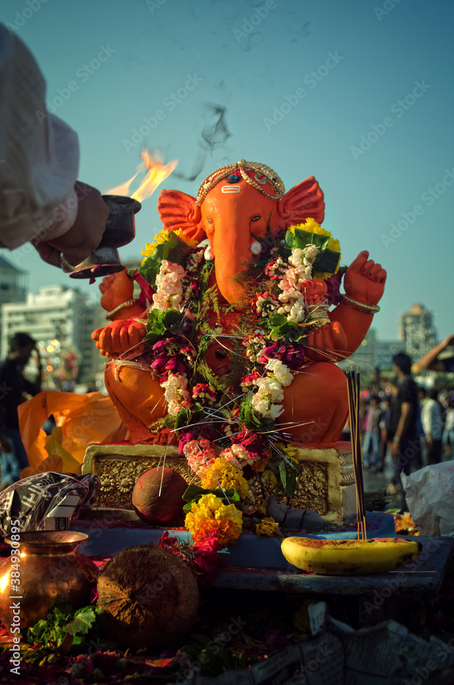 Indian god ganesha idol while immersion
