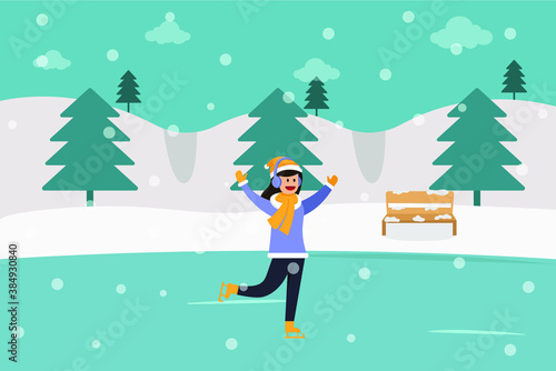 Winter holiday vector concept: Happy young woman playing ice skating while wearing scarf