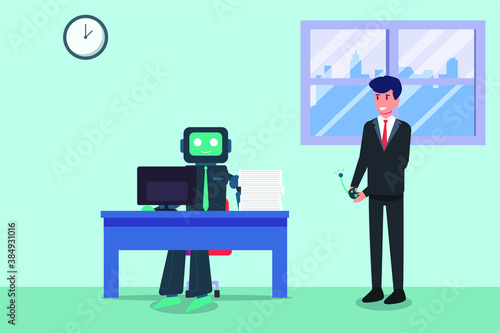 Artificial intelligence robot vector concept: Businessman controlling artificial intelligence robot to work in office