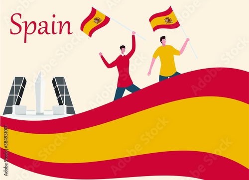 Independence day vector concept: Two men holding flag of spain honorably 