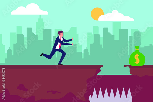 Business trap vector concept: Greedy businessman running to take money bag with a trap on its way