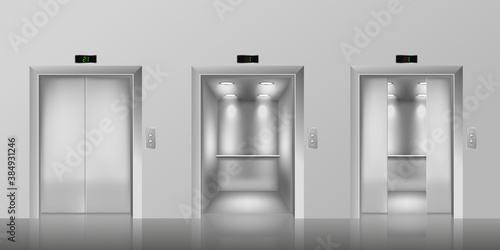 Metallic chrome elevator doors 3d mockup, realistic vector illustration