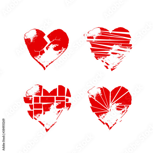 Red grange shabby broken heart drawings set
