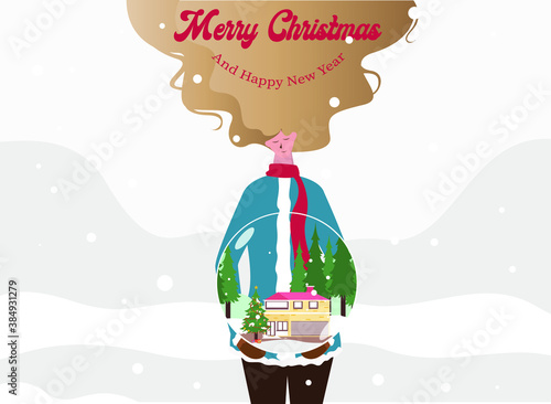 Christmas vector concept: Woman holding glass ball with artificial house and snow
