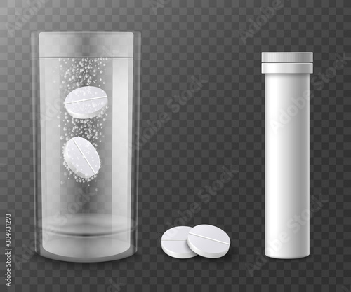 Fizzy tablets in water and container, realistic vector illustration isolated.