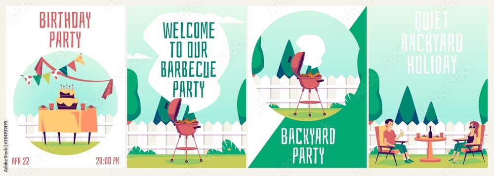 Naklejka premium Set of invitation cards for barbeque backyard party, flat vector illustration.