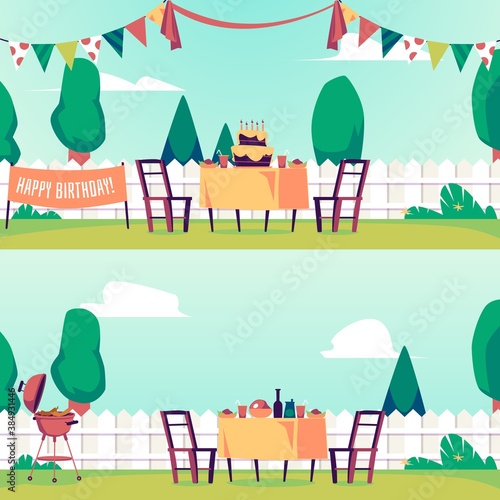 Set banners for backyard barbeque and birthday party, flat vector illustration.