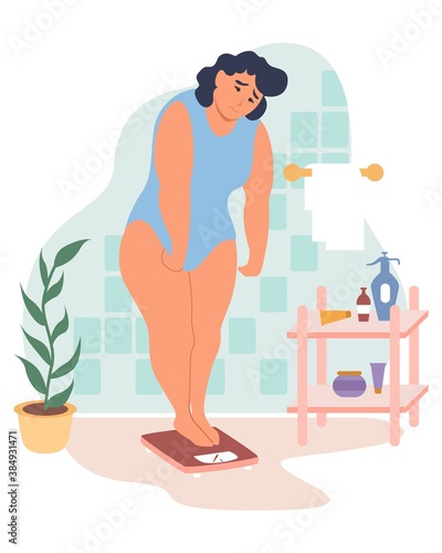 Obesity and weight problems. Sad overweight woman weighing on weight scale, flat vector illustration. Unhealthy eating and lifestyle.