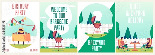 Set of invitation cards for barbeque backyard party, flat vector illustration.