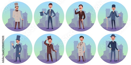 Set characters of victorian english aristocrats a vector isolated illustrations.