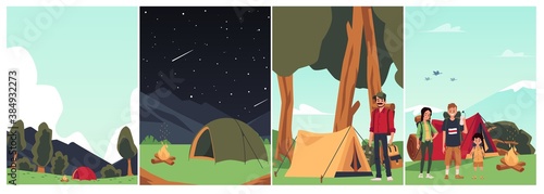 Set of family campfire picnic with tent, flat cartoon vector illustration