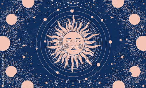 Vector illustration in vintage mystical style, boho design, tattoo, tarot. The device of the universe with a golden sun, moon, planets and orbits against the background of black space.
