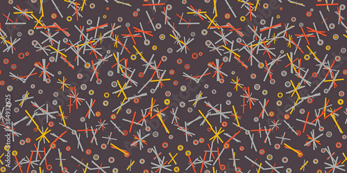 Abstract textile seamless pattern from lines and circles and stars with crosses in trendy muted colors. 3d illustration