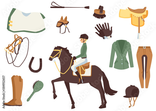 Horse rider and equestrian equipment set of flat vector illustrations isolated.