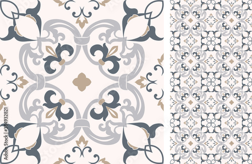 Seamless Azulejo tile. Portuguese and Spain decor. Ceramic tile. Vector hand drawn illustration, typical portuguese and spanish tile