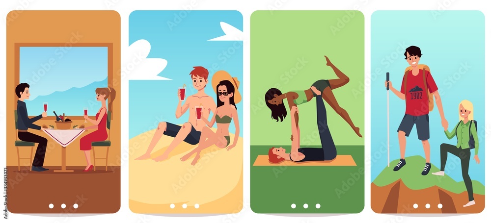 Couple bonding and romantic relationships cards set flat vector illustration. Couple bonding and romantic relationships cards set flat vector illustration.