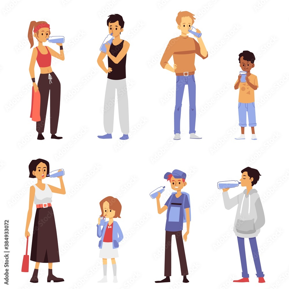 Cartoon people drinking water - isolated set of men, women and children
