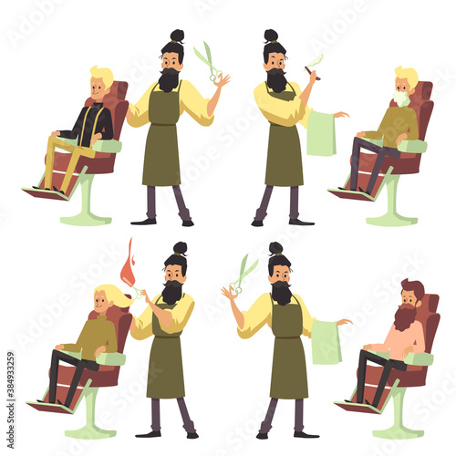 Male hairdresser giving haircut, doing styling and grooming procedures