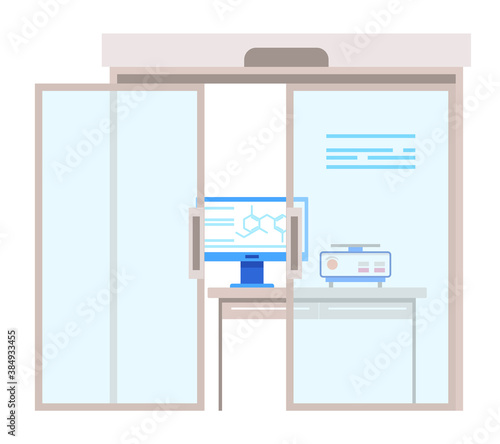 Laboratory with glass doors and furniture with equipment. Lab in hospital or clinics, isolated scientist workplace. Working space with computer for analysis and experiments data storage vector