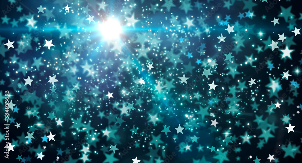 Festive Christmas background with neon bokeh stars on black , glitter of bright stars