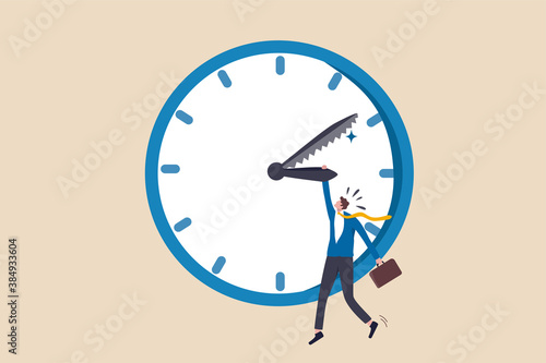 Project deadline, time countdown for agreement timeline to finish work concept, frustrated stress businessman holding clock hour hands while minute hand having saw passing to appointment time.