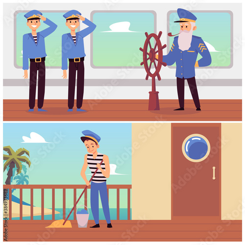 Set of banners with ship crew working on deck flat vector illustration.