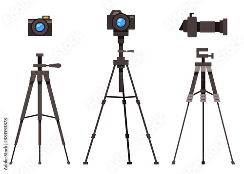 Set of isolated flat design modern professional studio flash light removable lens photocameras with tripod, user instruction digital camera on tripod, professional equipment, isolated on white