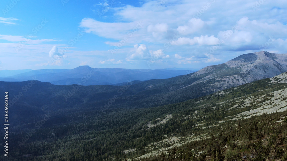 Obraz premium Landscape of scenic mountain forest background and peak of blue rock range.