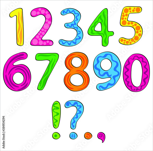 Colored numbers and punctuation marks. Kids Font