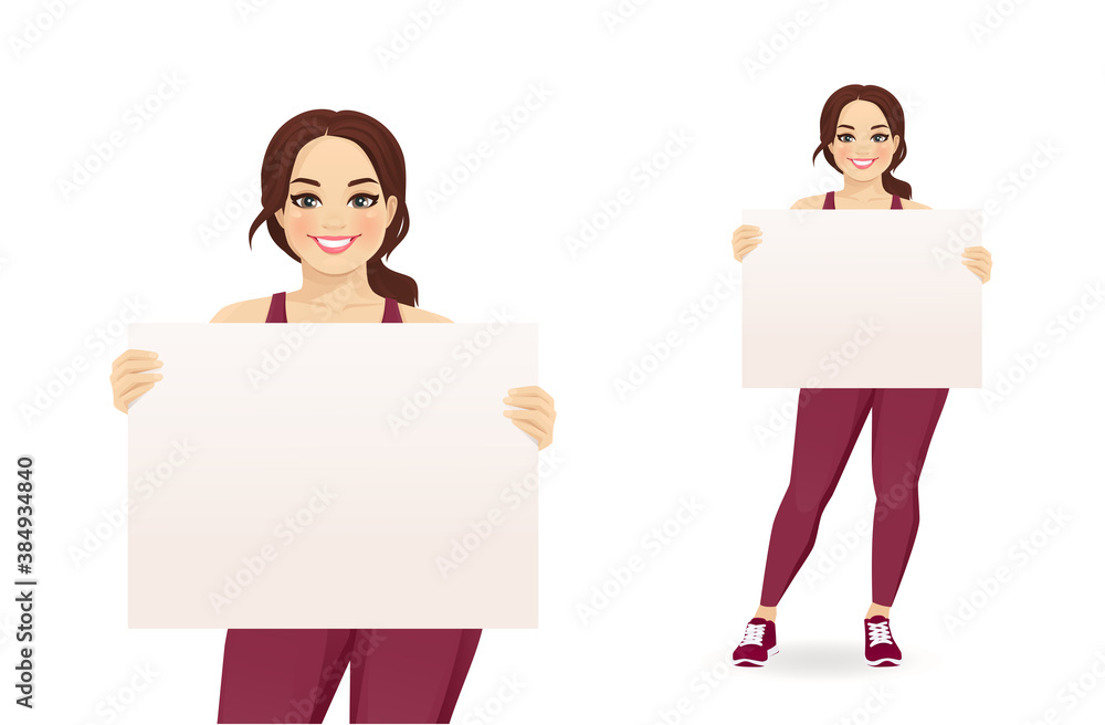 Sport fitness plus size woman in sportswear holding empty blank board isolated vector illustration Sport fitness plus size woman in sportswear holding empty blank board isolated vector illustration