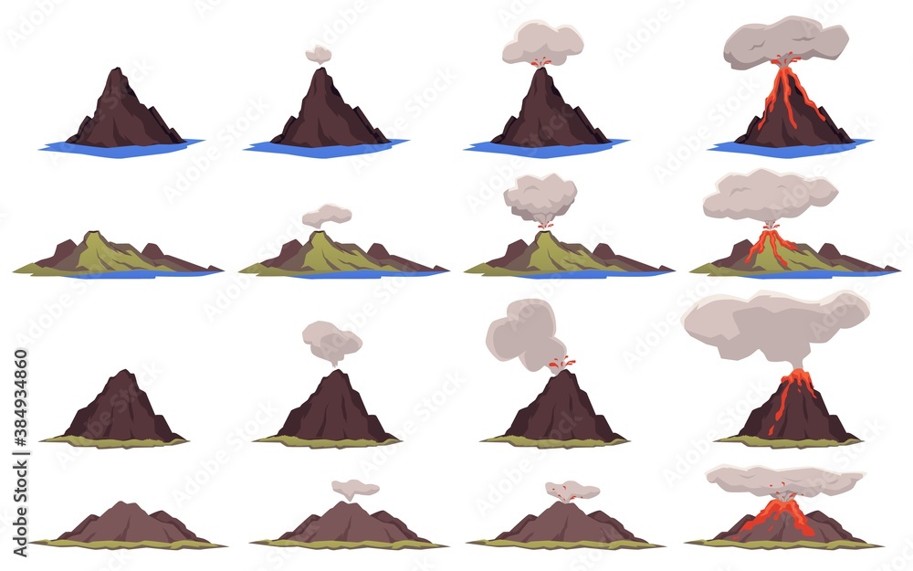 Volcanic mountains stages of eruption, flat vector illustration isolated.