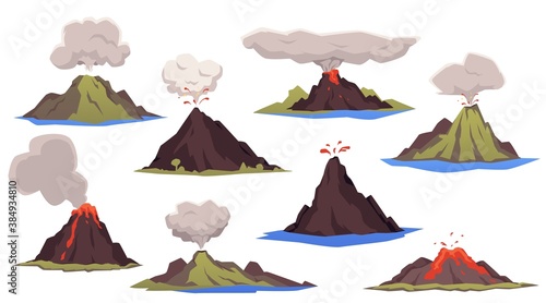 Set of erupting volcanoes with lava, clouds of smoke and ash a vector illustration