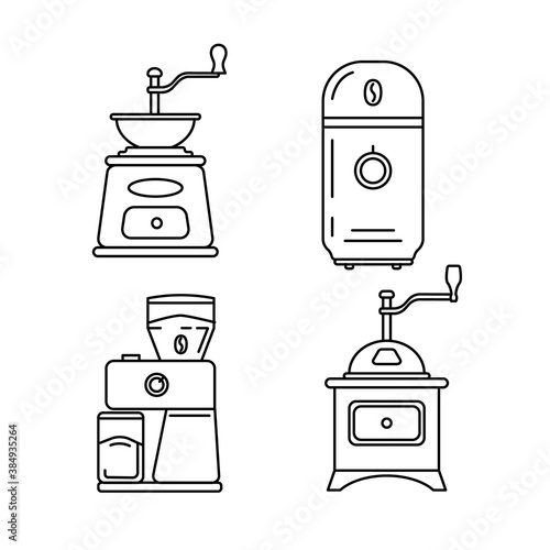 A set of electric and mechanical coffee grinders. Vector outline icons.