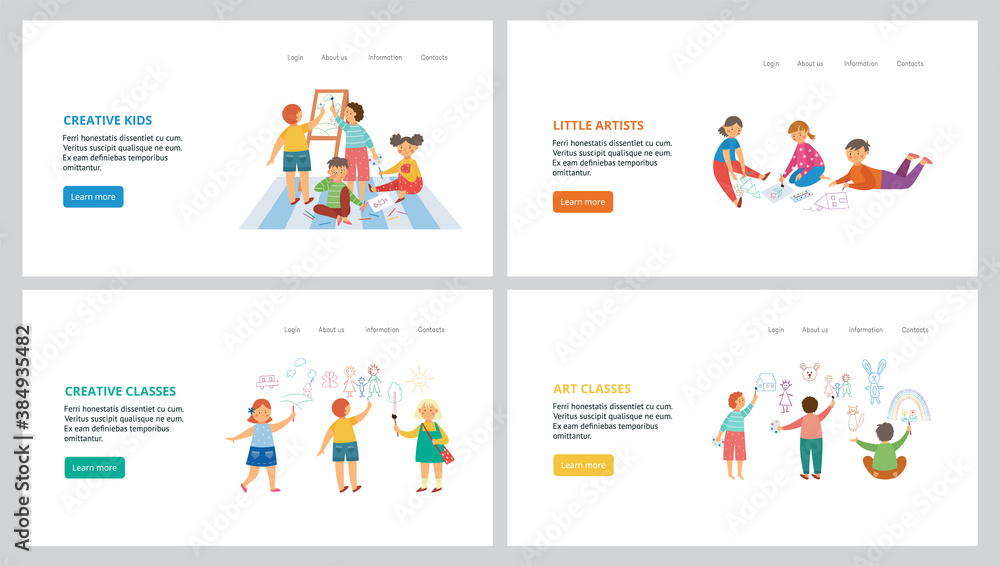 Design for websites of kids art school, class or courses a vector illustrations.